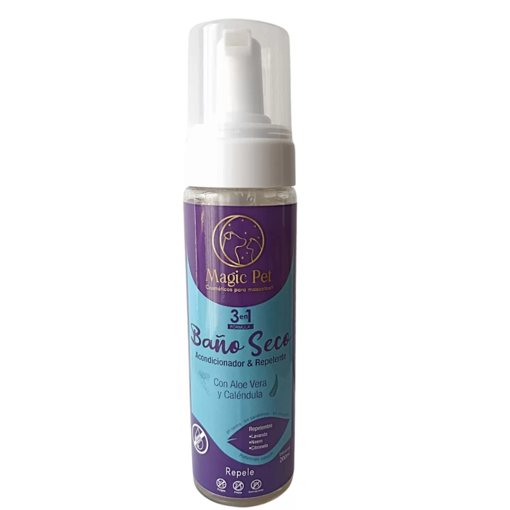 Baño seco repelente Magic Pet para perros y gatos, limpieza sin agua y protección natura